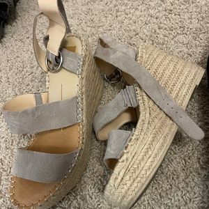 Gray suede womens strapy wedge
